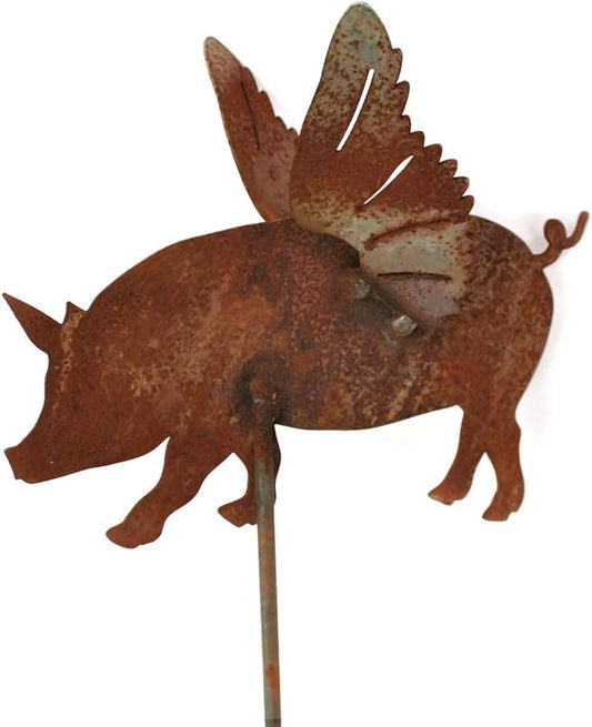 Pets and Farm Animals Metal Garden Landscape Stake (9" Wide Flying Pig on Stake, Naturally Rusted)