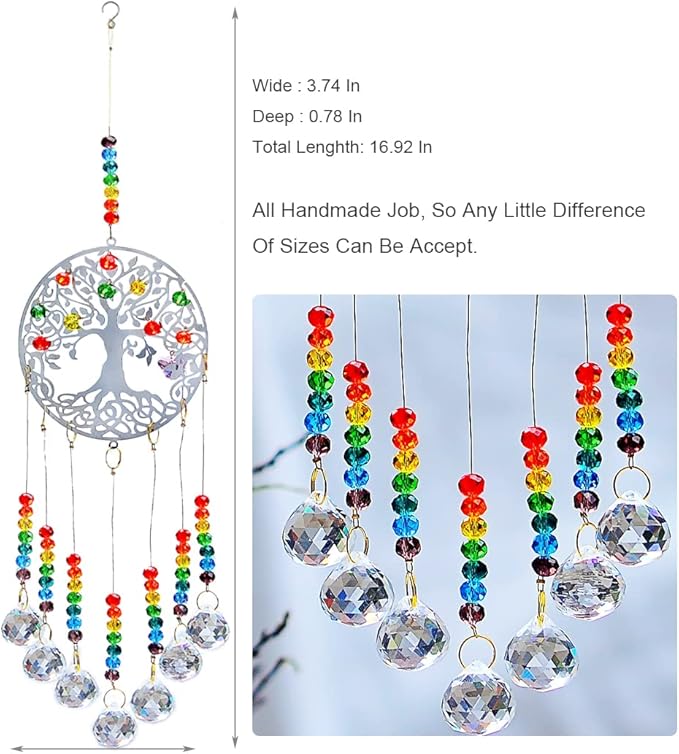 Hanging Crystal Suncatcher Rainbow Window Prism Chakra Tree of Life 7 Prism Ball Suncatcher Rainbow Maker Handmade Glass-gem Binding Gifts for Girl, Mom and Daughters, Grandma by KEINIA