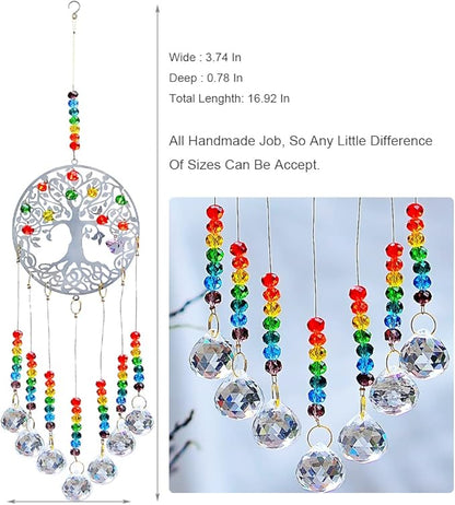 Hanging Crystal Suncatcher Rainbow Window Prism Chakra Tree of Life 7 Prism Ball Suncatcher Rainbow Maker Handmade Glass-gem Binding Gifts for Girl, Mom and Daughters, Grandma by KEINIA