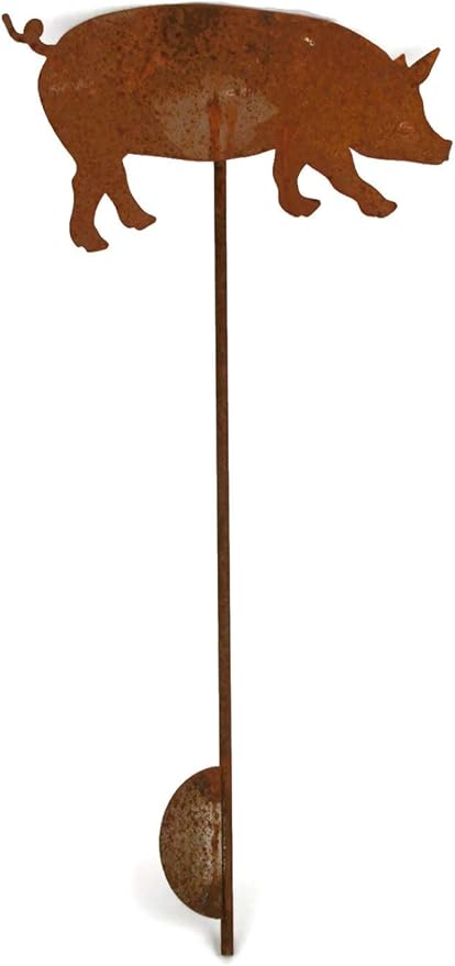 Pets and Farm Animals Metal Garden Landscape Stake (9" Wide Pig on Stake, Naturally Rusted)