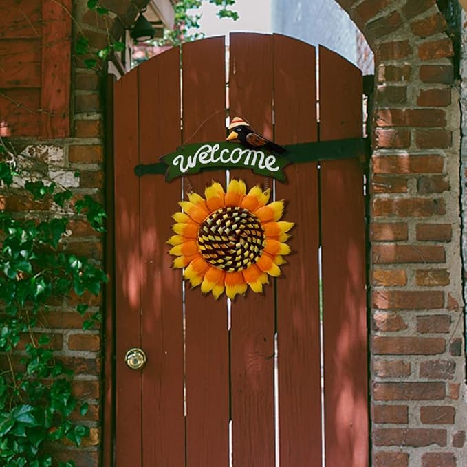 Sunflower Welcome Sign Metal Hanging Welcome Plaque for Wall Front Door - Decorative Flower Yard Signs Spring Wreath Decor for Garden Porch Patio Backyard (G)