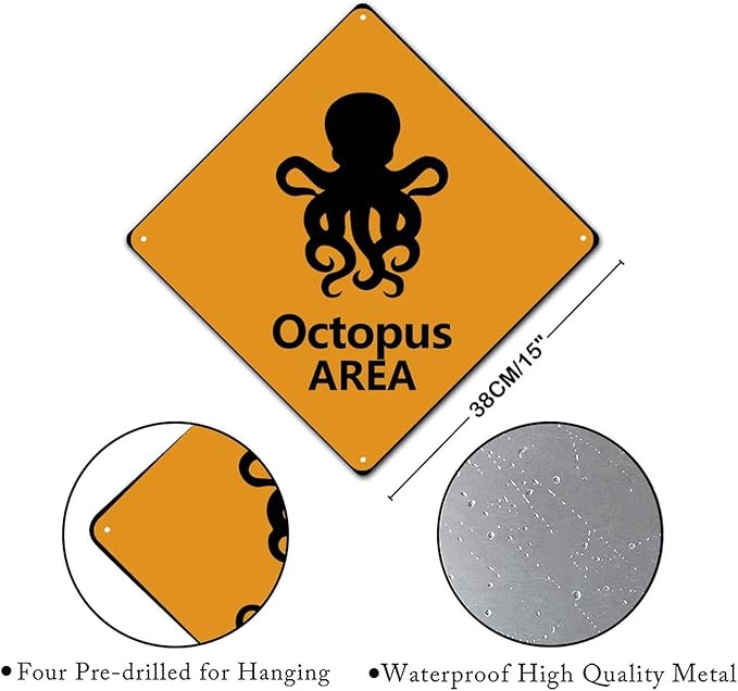 Caution Octopus Crossing XING Tin Sign Octopus Area Warning Street Sign Ocean Animal Novelty Caution Road Sign for Outdoor Home Driveway Garden Yard Park 15x15in