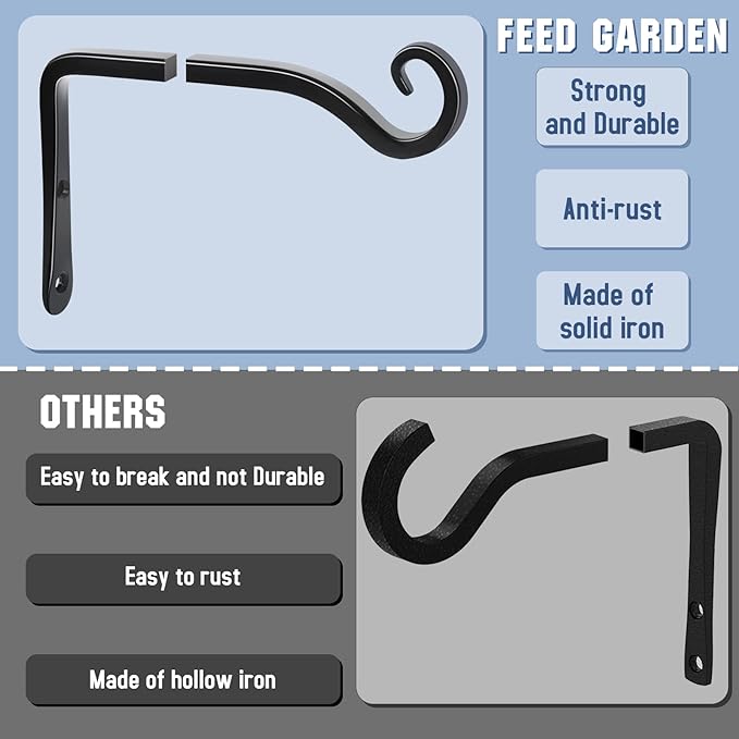 FEED GARDEN Heavy Duty Plant Hooks - 2 Pack 6 Inch Wall Mounted Hanging Brackets, 44lb Capacity Steel Plant Hangers for Bird Feeders, Baskets, Wind Chimes - Black