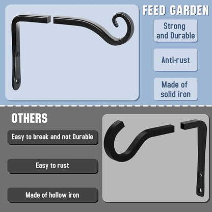 FEED GARDEN Heavy Duty Plant Hooks - 2 Pack 6 Inch Wall Mounted Hanging Brackets, 44lb Capacity Steel Plant Hangers for Bird Feeders, Baskets, Wind Chimes - Black
