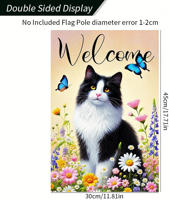 BlissYard Welcome Garden Flag Spring Summer Cat Garden Flag 12x18 Inch Double Sided Flags Black White Cat Floral Butterfly Outdoor Yard Lawn Porch Decor Banner