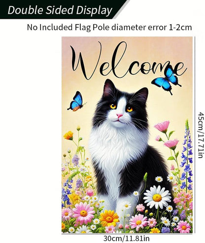 BlissYard Welcome Garden Flag Spring Summer Cat Garden Flag 12x18 Inch Double Sided Flags Black White Cat Floral Butterfly Outdoor Yard Lawn Porch Decor Banner