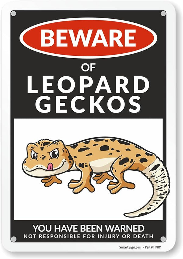 SmartSign Funny Beware Of Leopard Geckos Warning Sign - 10"x7", 40 mil Laminated Rust-free Aluminum - Metal Signs for Wall Decor, Bathroom, Outdoors, Patio, Gifts, Cafe - Geckos Theme, Made in USA