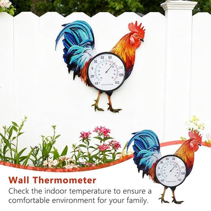 15" Rooster Outdoor Thermometer, Metal Indoor Wall Thermometer, Outside Thermometer with Large Number for Patio Home Room Decor