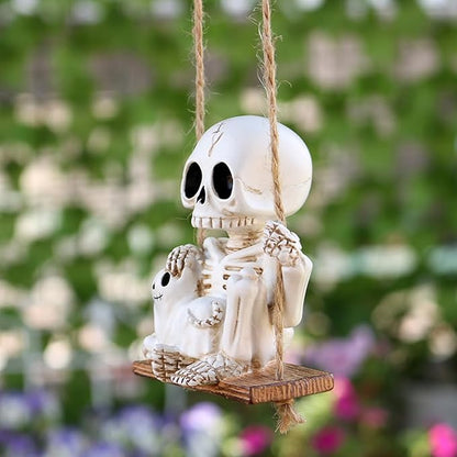 Swing Skeleton Holding Ghost Cat Garden Statue Outdoor Halloween Decor, 3.15 Inch Cute Skull Figurine Resin Sculpture Funny Tree Hanging Ornaments for Patio Lawn Yard
