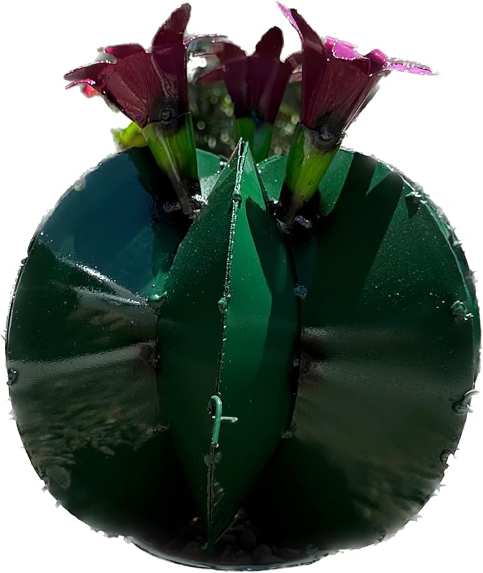 Handmade Metal Bisnaga Cactus with Flowers - Garden Art Decor (Dark Green)