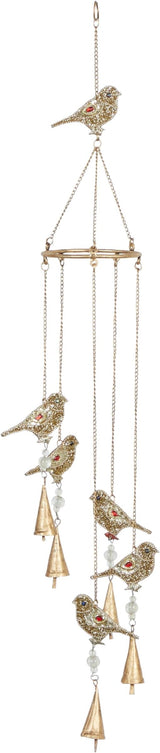 Deco 79 Metal Bird Indoor Outdoor Embellished Windchime with Glass Beads and Cone Bells, 5" x 5" x 39", Gold