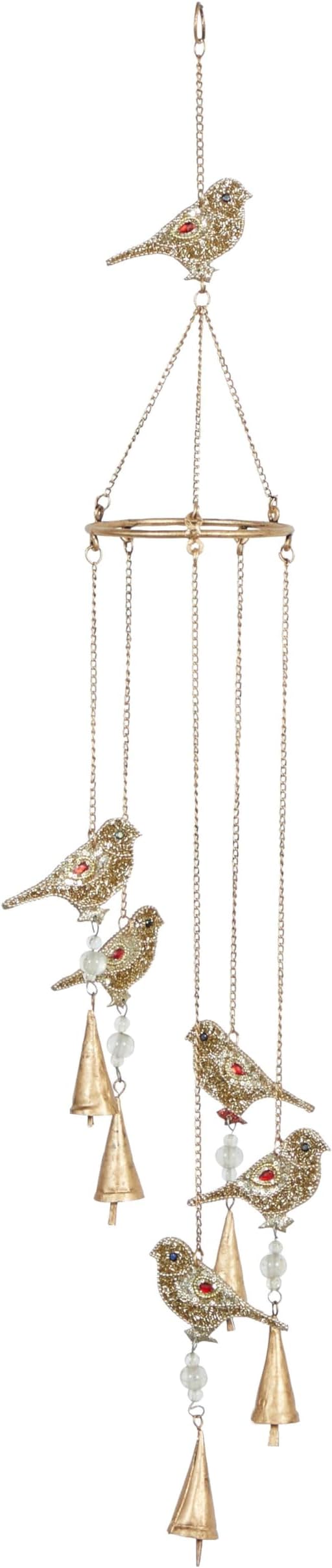 Deco 79 Metal Bird Indoor Outdoor Embellished Windchime with Glass Beads and Cone Bells, 5" x 5" x 39", Gold