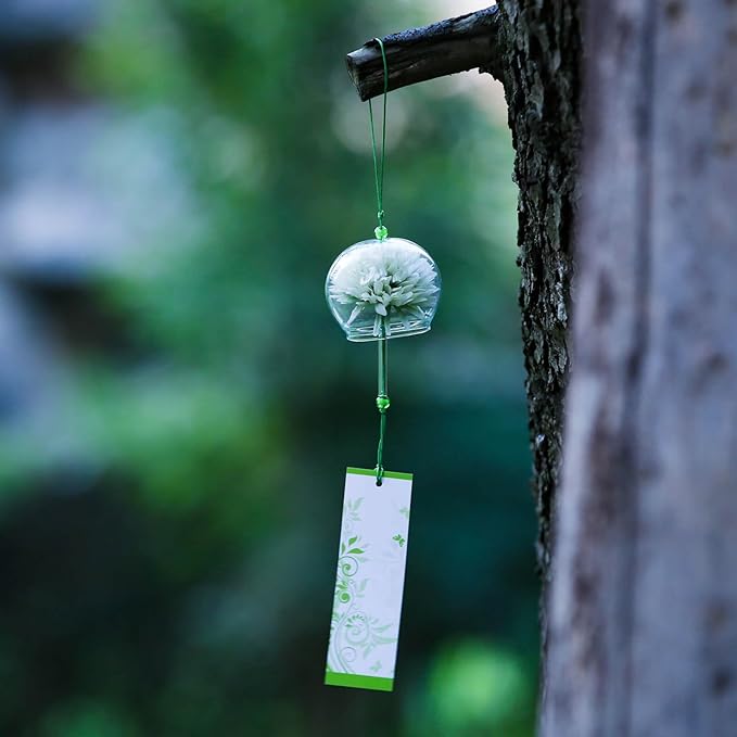 Japanese Wind Chime Glass Outdoor Ornament for Garden, Patio & Balcony, Hanging Wind-Bell Decoration Gift, Blessing Pendant Windchimes & PVC Wind-Catcher, Green Flower