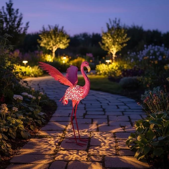 43" Metal Flamingo Garden Sculptures with Solar Light, Pink Flamingo Yard Art - Large Outdoor Lawn Ornaments & Decor for Patio, Backyard, Garden