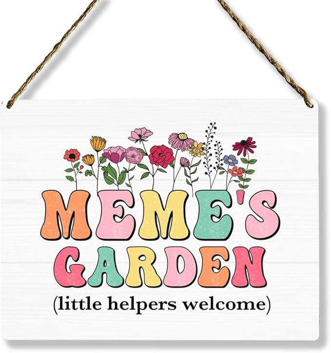 Meme's Garden Wooden Sign Decor, Indoor Decoration Hanging Signs 8x10 Inches, Outdoor Garden Decor Yard Wall Hanging Decor Sign, Mothers Day Gifts Birthday Gifts for Mom Grandma