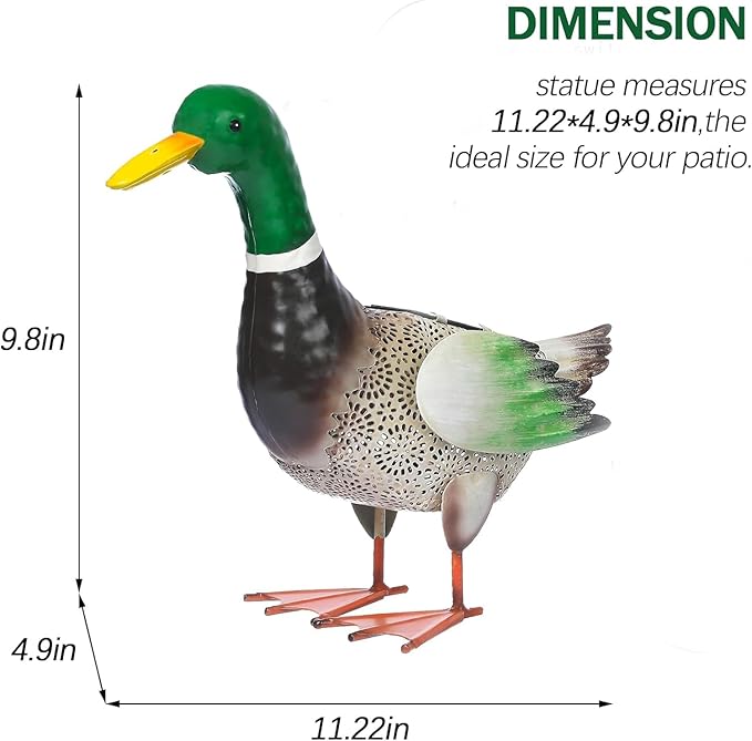 Solar Ducks Outdoor Statue, Hand-Painted Iron Mallard Duck Sculpture, 9.8 x 11.22 Inches Garden Yard Lawn Art Decor for Indoor Outdoor Home Patio Decor Accent