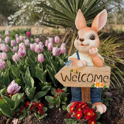 22" Solar Large Rabbit Statue Garden Decor Resin Standing Bunny Statue with Welcome Sign Outdoor Easter Decorations for Porch Patio Lawn Yard Gardening Gifts for Mom Women, Blue Rabbit