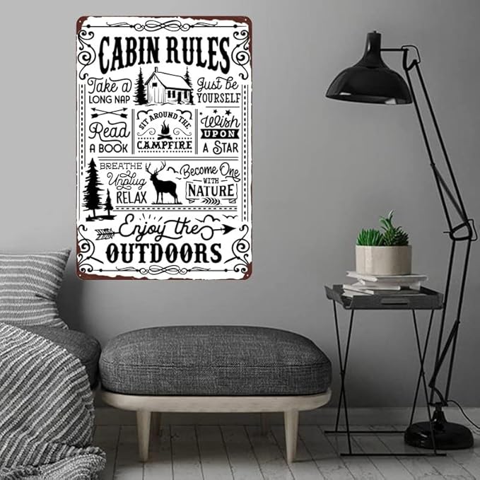 Cabin Rules Decor, Retro Wall Poster Plaque Outdoor Metal Sign for Bar, Campsite, Lake House, Cabin Cute Sign Gift for Friends 12x8 Inches