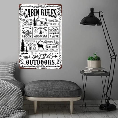Cabin Rules Decor, Retro Wall Poster Plaque Outdoor Metal Sign for Bar, Campsite, Lake House, Cabin Cute Sign Gift for Friends 12x8 Inches