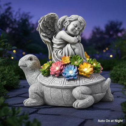 Solar Angel Turtle Garden Statue - IP65 Waterproof Outdoor Decor with 7 LED Lights - Heartwarming Memorial Gifts for Mom, Grandma - Resin Figurine for Patio & Yard