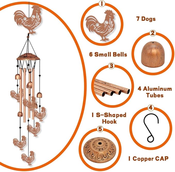 ORIGACH Rooster Wind Chimes Metal Wind Chimes for Outside Gifts for Women Mom Grandma Deep Tone Suitable for Outdoor, Indoor, Balcony, Garden, Courtyard, Porch, 30-Inch Long