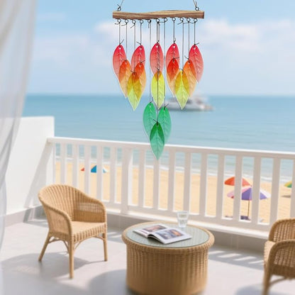CUTHOLLOW Leaves Glass Wind Chimes, 23" Stained Glass Chimes, Handmade Art Glass Windchimes for Outside, Garden, Patio, Balcony, Home, Yard, Best Gift for Xmas Birthday and Thanksgiving