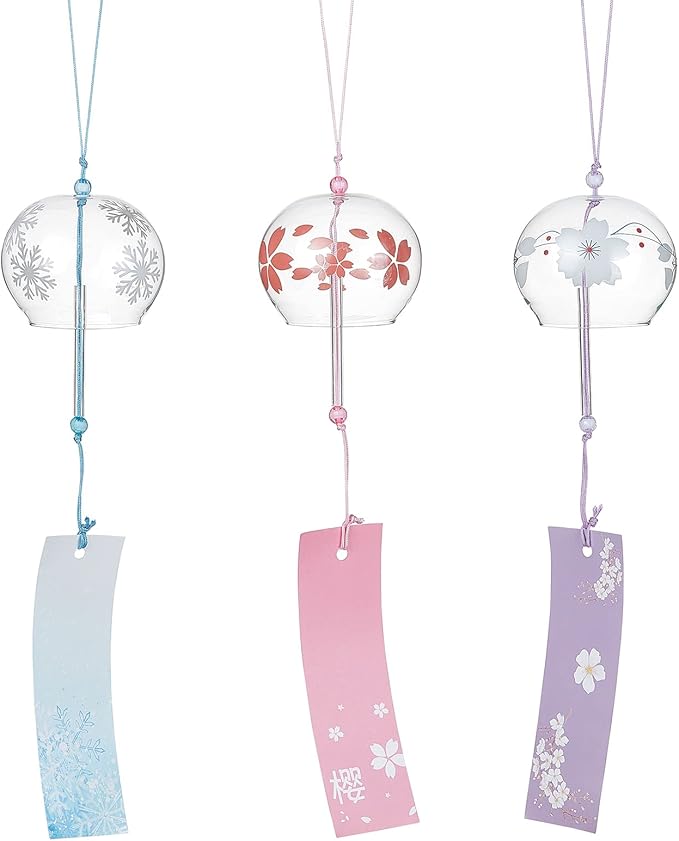 BENECREAT 3PCS Japanese Wind Chimes Pink/Blue/Purple Glass Wind Bells Handmade Pendants for Birthday Gift and Home Decoration