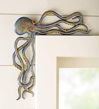Wind & Weather Metal Octopus Door Crawler – Handcrafted Reclaimed Metal Indoor and Outdoor Decor – Mottled Blue Finish with Big Rrange Eyes – 17.32 W x 5.51 H x 1.61 D