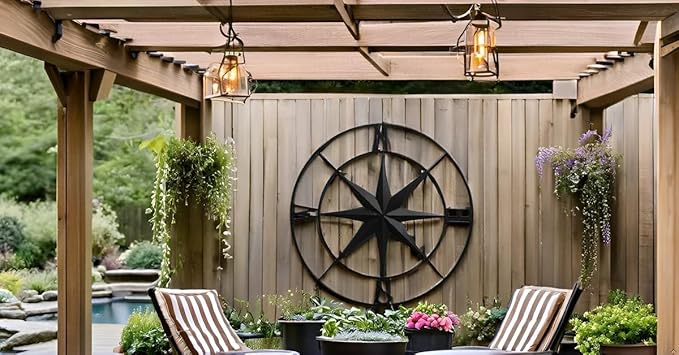 Nightclawing Nautical Compass Wall Decor, Coastal Nautical Beach Decor, Porch Patio Travel Adventure Wall Hanging, 41" (Black)