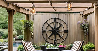 Nightclawing Nautical Compass Wall Decor, Coastal Nautical Beach Decor, Porch Patio Travel Adventure Wall Hanging, 41" (Black)