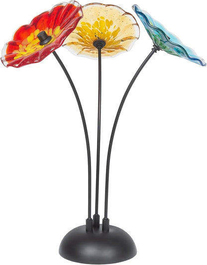 Dale Tiffany AS23098 Fiore Bloom Hand Blown Glass Flower Art Glass Sculpture with Metal Stand for Indoor Garden Patio Decoration, Multi Color, 3-Plate 22" Tall
