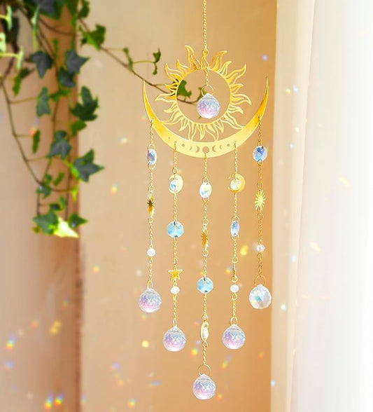 Artilady Sun and Moon Suncatcher - Large Crystal Wind Chimes for Outside Stained Glass Window Hanging Prisms Garden Backyard Ceiling Room Decor Christmas Housewarming Birthday Gift for Girls