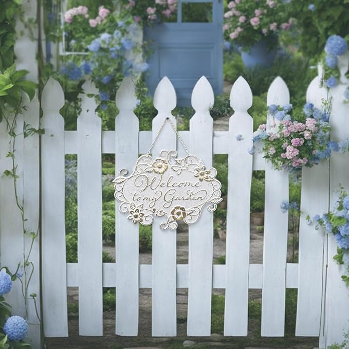 All Chic Welcome to My Garden Sign Hanging Yard Sign for Garden Decor Rustic Farmhouse Backyard Outdoor Wall Decor(White)
