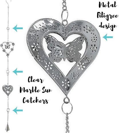 Butterfly Bell Wind Chimes - Butterfly and Heart with Mobile Design - Metal Silver Hearts - Butterflies and Flowers - 40" Long - Sturdy S Hook for Hanging