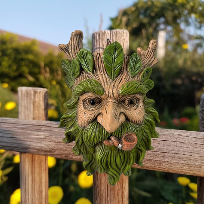 Whimsical Tree Face Garden Statues Outdoor Decor – Funny Old Man Tree Hugger Wall Sculpture with Pipe, Fairy Art Fence Hanging Resin Ornament, Outdoor Wall Mounted Sculpture for Patio Lawn & Home