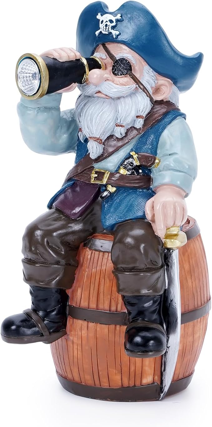Solar Garden Gnome Statues Funny Resin Pirate Gnome Decorations Sitting on Wine Barrel Outdoor Figurines for Yard Patio Mom Gift