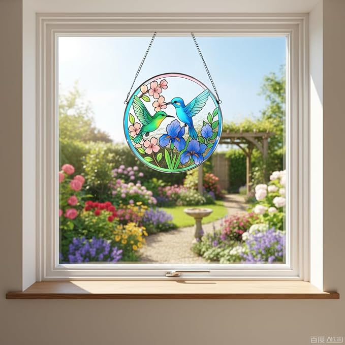 Hummingbird Stained Glass Suncather for Window Hanging, 6.3'' Hummingbird Ornament Gift for Women, Nature-Inspired Wall Art Home Decor Gifts for Mom, Grandma (Green & Blue, 6.3'')