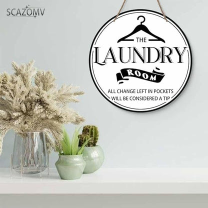 Laundry Room All Change Left In Pockets Will Be Considered A Tip White Round Rustic Wood Sign Plaque Vintage Wall Art Cute Wooden Hanging Sign Decor for Home Farmhouse Bathroom 12 Inch