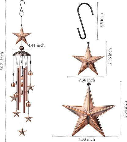 Star Wind Chimes for Outside, 35" Wind Chimes with 4 Aluminum Tubes Hanging Bells, Memorial Windchimes Outdoors with S Hook for Patio Garden Decor, Unique Gift for Mom Grandma Housewarmi
