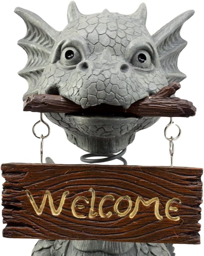 Ebros Gift Bienvenidos Welcome Sign Dragon Garden Greeter Bobblehead Statue Faux Stone Resin Finish 13.25" H