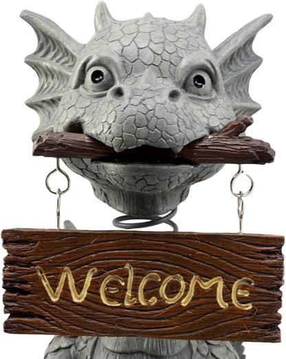 Ebros Gift Bienvenidos Welcome Sign Dragon Garden Greeter Bobblehead Statue Faux Stone Resin Finish 13.25" H