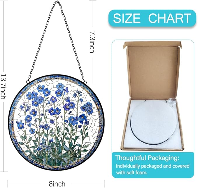 Forget Me Not Flower Suncatcher Stained Glass Window Hanging - 8″ Handmade Blue Flowers Suncatchers for Windows Hanging-Sun Catchers Wall Decor Home Garden Decorations Gift for Women Mom Plant Lovers