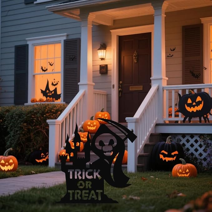 Grim Reaper Metal Yard Stake Decor - Black Skeleton with Scythe Silhouette for Gothic Haunted House Yard, Garden, or Porch, Weatherproof & Easy Setup Metal Decor Sign with "Trick or Treat" Cutout