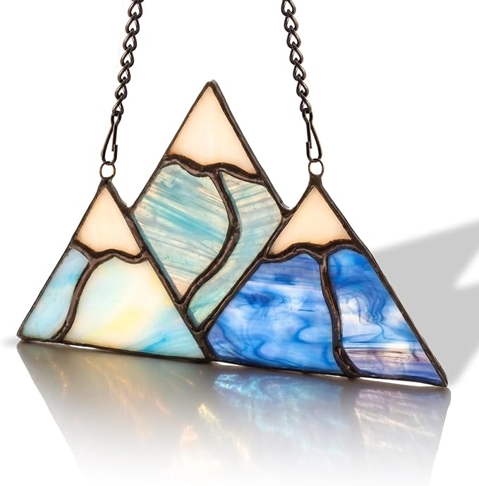 Tuitessine Snow Mountain Stained Glass Window Hanging Decor, Hand-Painted Smoky Mountain Glass Ornament 6.1×3.4 in, Nature Lover Gift Home & Garden Farmhouse Suncatcher