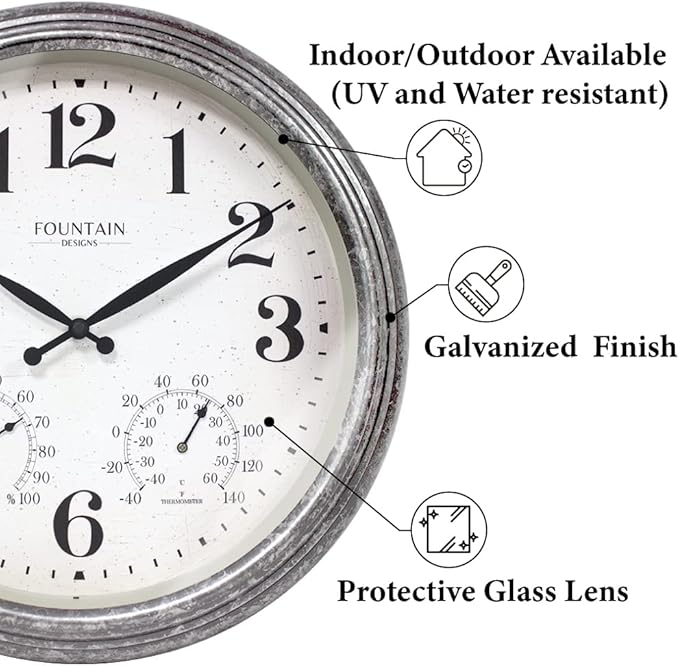 18 Inch Outdoor Clocks for Patio Large Waterproof with Thermometer, Large Wall Clock with Temperature and Humidity Combo,Weatherproof for Pool Decor,Galvanized Finish