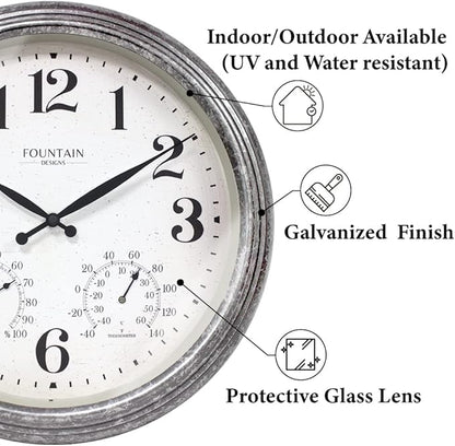 18 Inch Outdoor Clocks for Patio Large Waterproof with Thermometer, Large Wall Clock with Temperature and Humidity Combo,Weatherproof for Pool Decor,Galvanized Finish