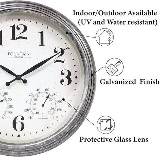 18 Inch Outdoor Clocks for Patio Large Waterproof with Thermometer, Large Wall Clock with Temperature and Humidity Combo,Weatherproof for Pool Decor,Galvanized Finish