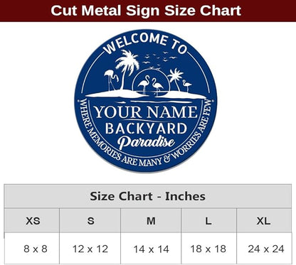 MeMate Personalized Backyard Signs, Patio Sign for Outdoor Decor, Customized Name Metal Sign, Flamingo Backyard Paradise Sign, Round Printed Metal Sign for Restaurants Farmhouse Porch Deck