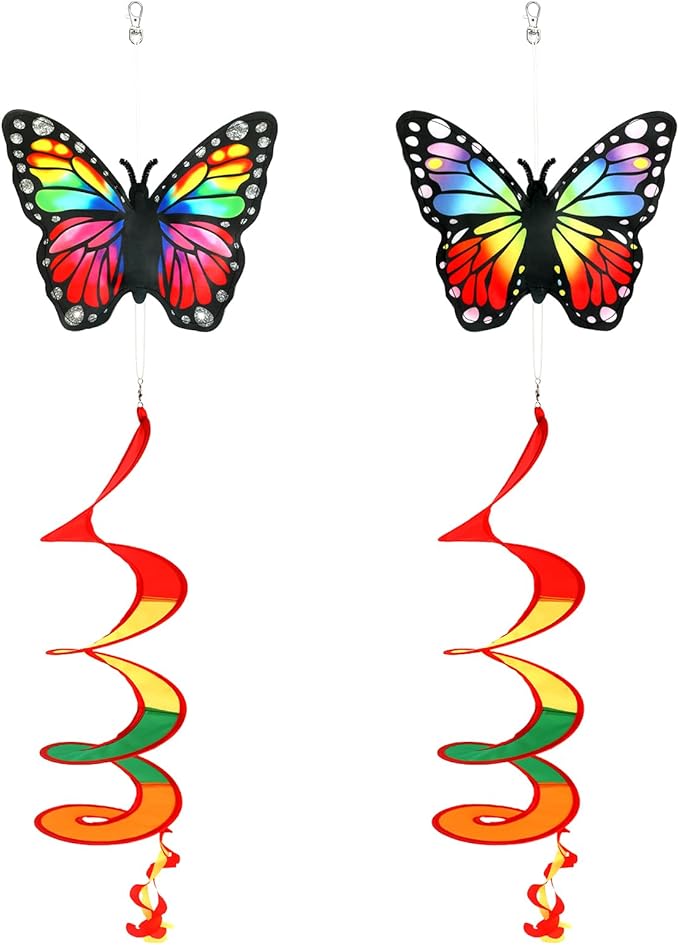 NOVWANG 2 Pack Rainbow Wind Spinners Outdoor, Butterfly Garden Wind Hanging Streamers Decor with Rotating Hook Ribbon Windsock for Patio Yard and Pride Month Celebration Decoration