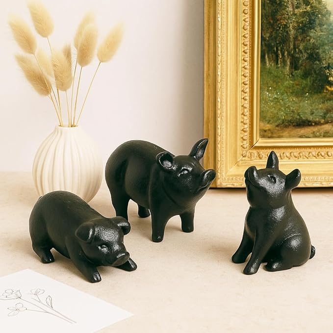 NACH Cast Iron Pig Statue - Rustic Garden Sculpture, Black Door Stop/Paperweight, Head Down Pig, JS-90-7152
